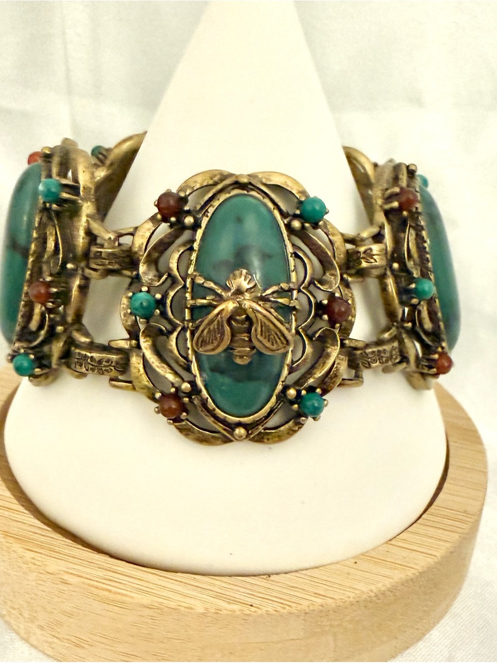 Vintage Bee Blue Green Turquoise Panel Bracelet Boho Statement Art Nouveau